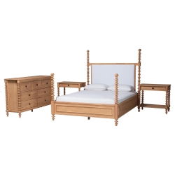 Baxton Studio Aleda 4-Piece Bedroom Set with 1-Drawer Nightstands, Queen, Beech Brown